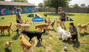 Pet resort staff playing with dogs in daycare