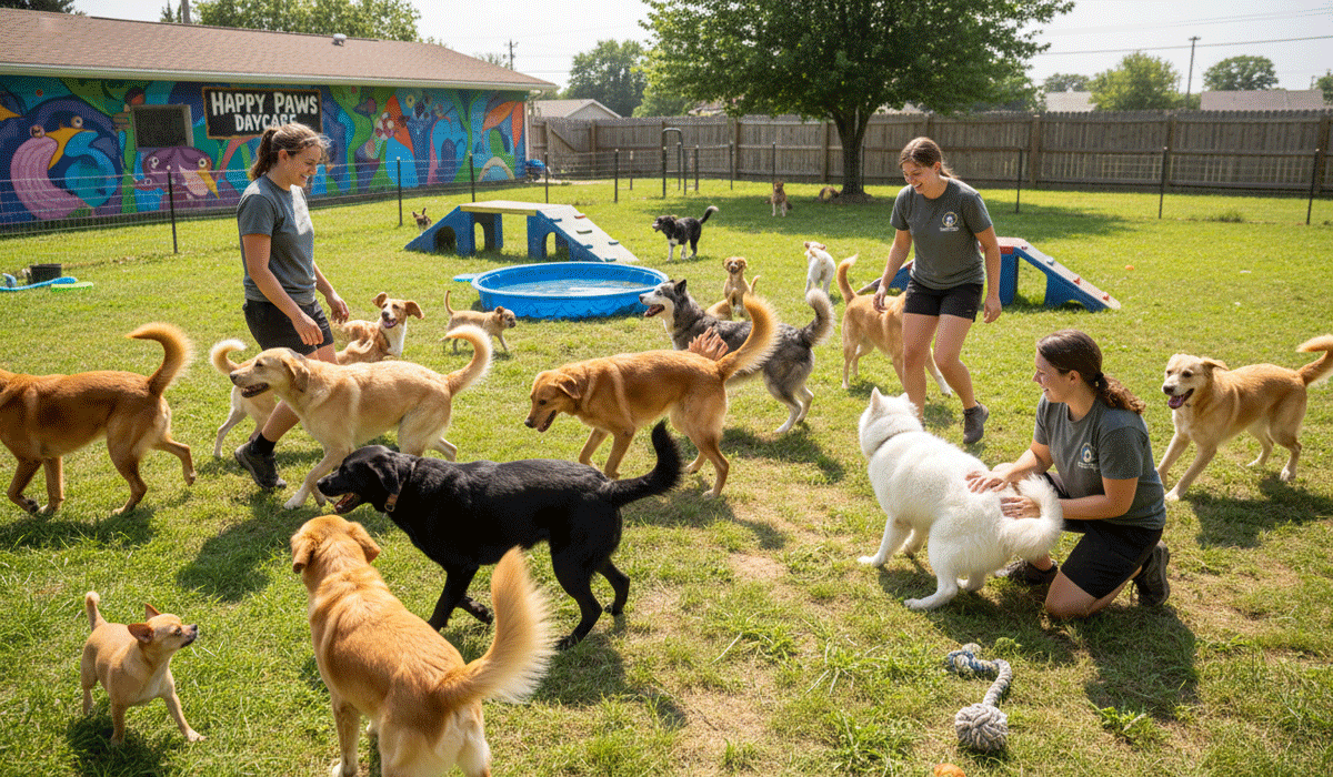 Pet resort staff playing with dogs in daycare