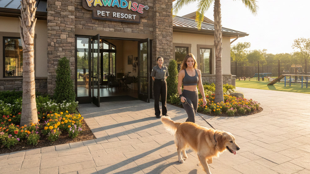 Woman walking dog out of a pet resort