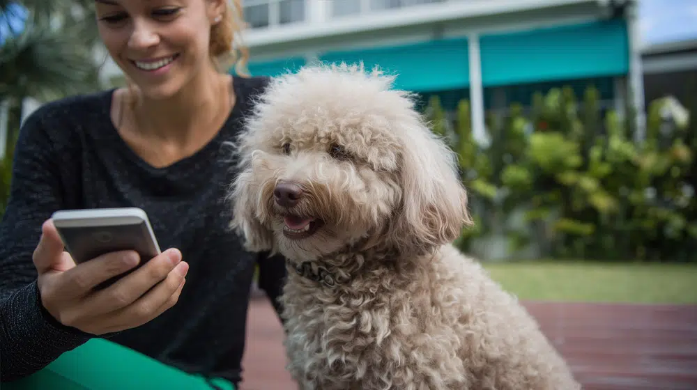 woman on her cellphone with her dog