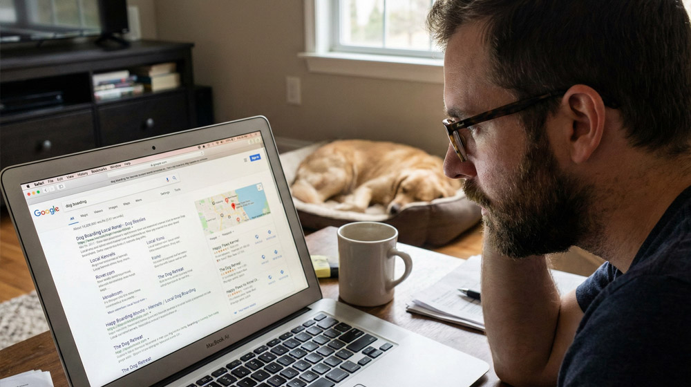 Man searching for dog boarding on google