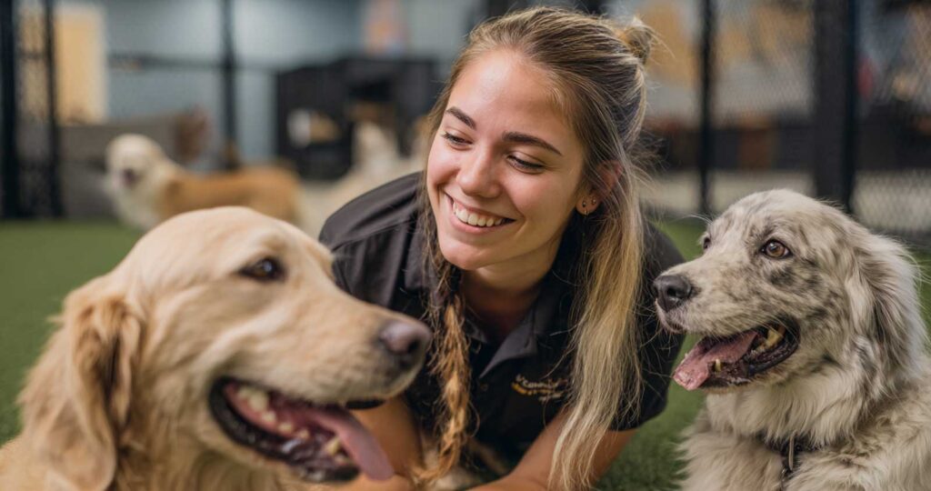 Pet resort staff playing with two happy dogs