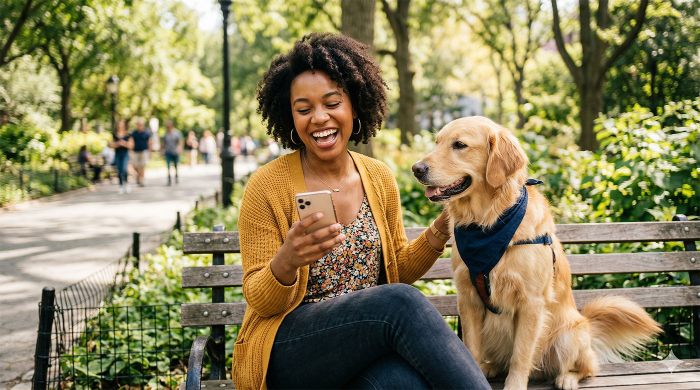 woman looking at social media on her phone with her dog