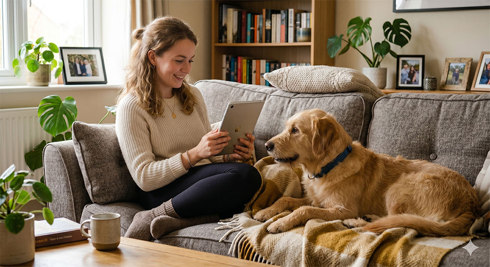 woman researching pet resorts on a tablet next to her dog