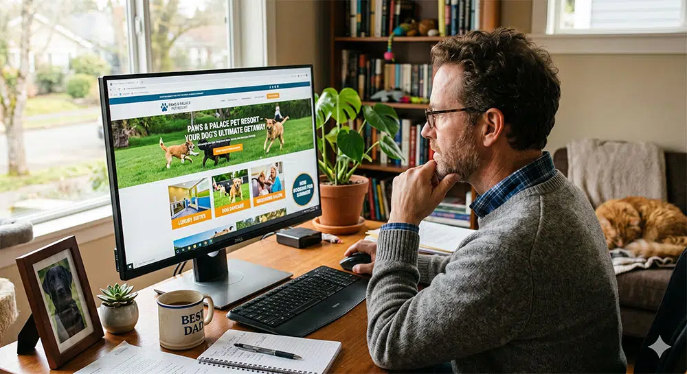 man looking at a pet resort website on his computer