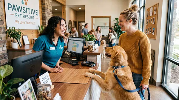 Dog owner checking in at a pet resort